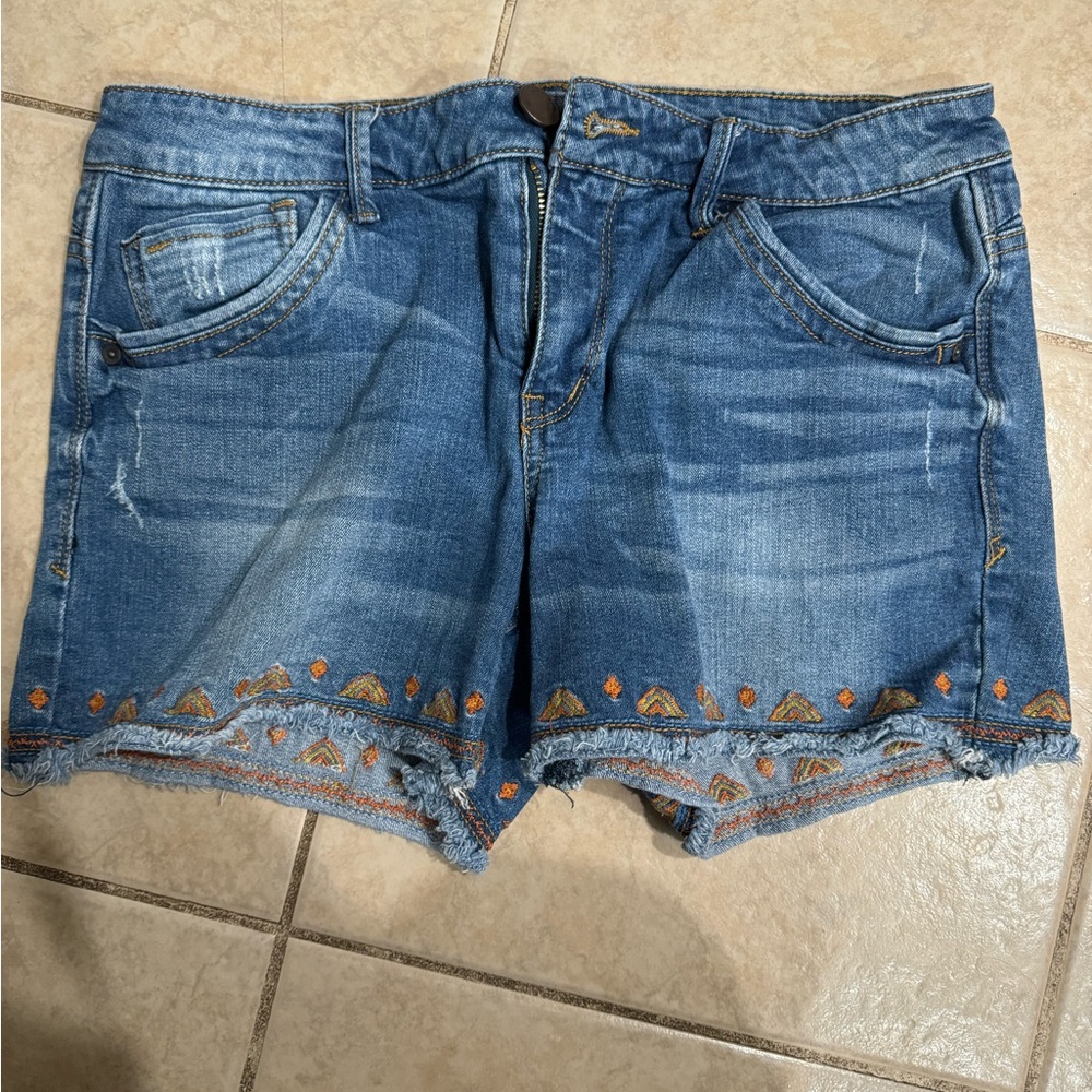 Democracy Blue Jean Shorts with Orange Embroidery